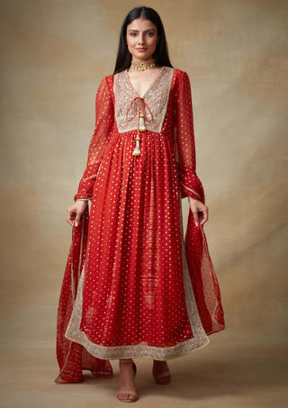 Kisneel By Pam Mehta-Red Chiffon Straight Kurta Set-INDIASPOPUP.COM