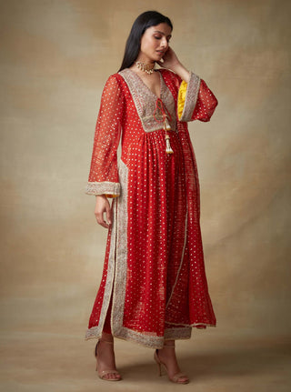 Kisneel By Pam Mehta-Red Chiffon Straight Kurta Set-INDIASPOPUP.COM