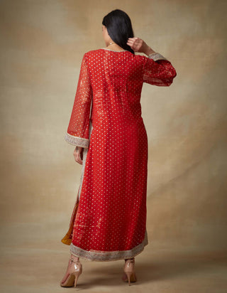 Kisneel By Pam Mehta-Red Chiffon Straight Kurta Set-INDIASPOPUP.COM