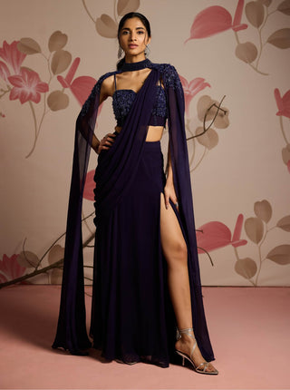 Midnight blue choli with slit sari and cape