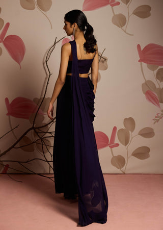 Midnight blue embellished choli and slit sari