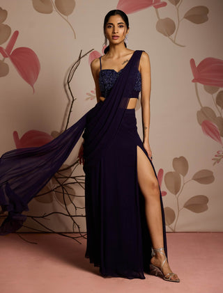 Midnight blue embellished choli and slit sari