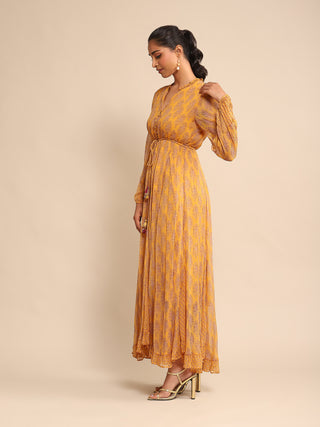 Ritu Kumar-Yellow Printed Long Dress-INDIASPOPUP.COM