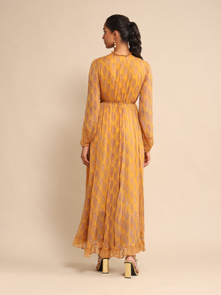 Ritu Kumar-Yellow Printed Long Dress-INDIASPOPUP.COM