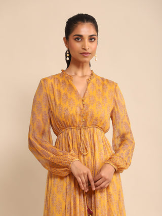 Ritu Kumar-Yellow Printed Long Dress-INDIASPOPUP.COM