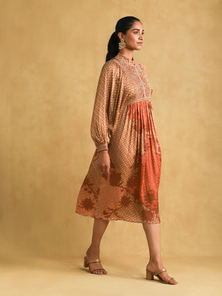 Ritu Kumar-Rust Micro Print Embroidered Dress-INDIASPOPUP.COM