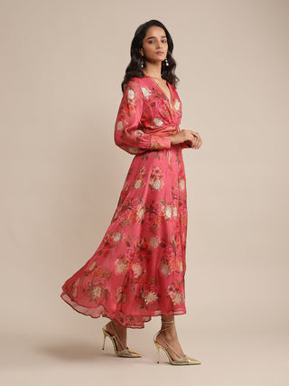 Ritu Kumar-Coral Floral Print Organza Dress-INDIASPOPUP.COM