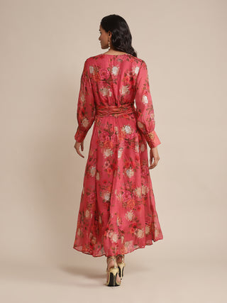 Ritu Kumar-Coral Floral Print Organza Dress-INDIASPOPUP.COM
