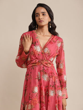 Ritu Kumar-Coral Floral Print Organza Dress-INDIASPOPUP.COM