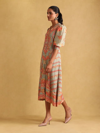 Ritu Kumar-Green Floral Print Dress-INDIASPOPUP.COM