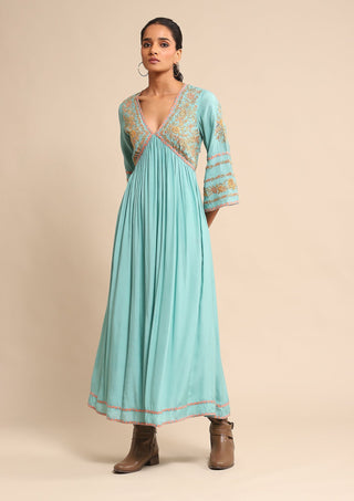 Ritu Kumar-Turquoise Embroidered Dress-INDIASPOPUP.COM