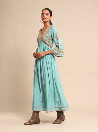 Ritu Kumar-Turquoise Embroidered Dress-INDIASPOPUP.COM