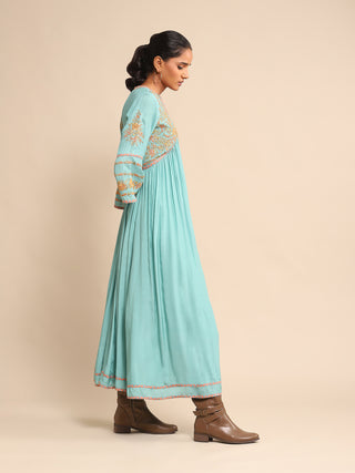 Ritu Kumar-Turquoise Embroidered Dress-INDIASPOPUP.COM