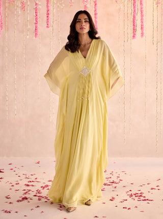 Lemon yellow embellished full-length draped kaftan