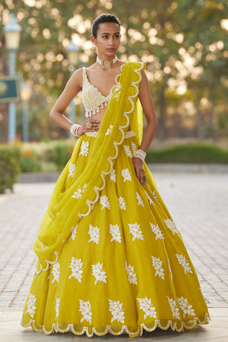 Vvani By Vani Vats-Moss Green Flower Lehenga Set-INDIASPOPUP.COM