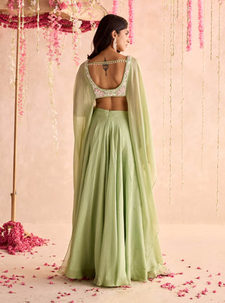 Mint green embellished choli with attached cape and sharara