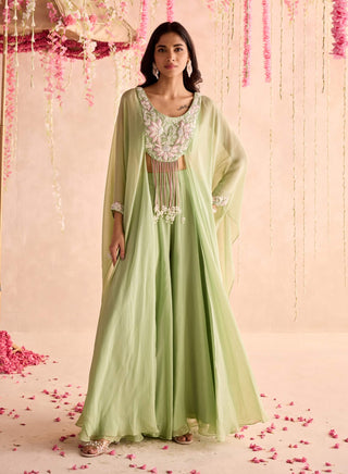 Mint green embellished choli with attached cape and sharara
