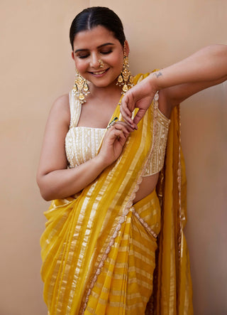 Chamee And Palak-Luna Yellow Georgette Sari And Blouse-INDIASPOPUP.COM