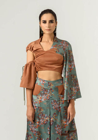 Siddhant Aggarwal-Printed Irregular Sleeve Crop Top-INDIASPOPUP.COM