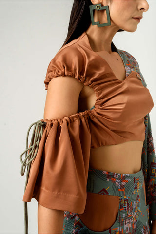 Siddhant Aggarwal-Printed Irregular Sleeve Crop Top-INDIASPOPUP.COM