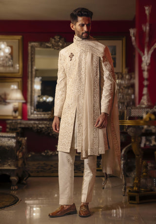 Aurenic eggwhite embroidered sherwani set
