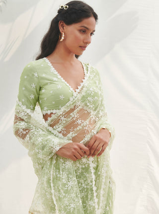 Mulmul-Green Mayna Lehenga Sari And Unstitched Blouse-INDIASPOPUP.COM