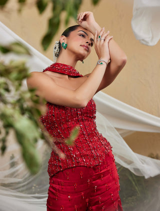 Scarleaf ruby red corset and sharara set