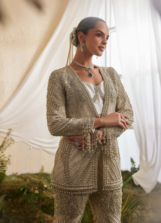 Dewdrop beige white jacket, bustier and sharara