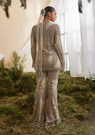 Dewdrop beige white jacket, bustier and sharara