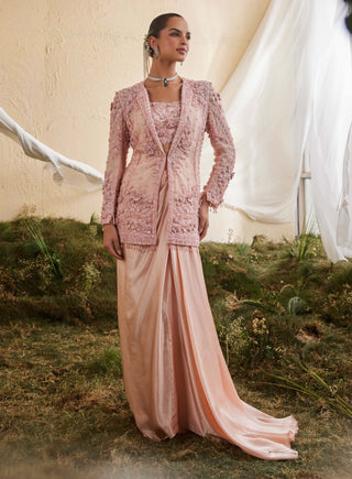 Peach peony jacket and drape skirt set