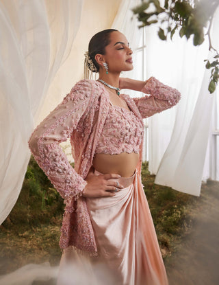 Peach peony jacket and drape skirt set