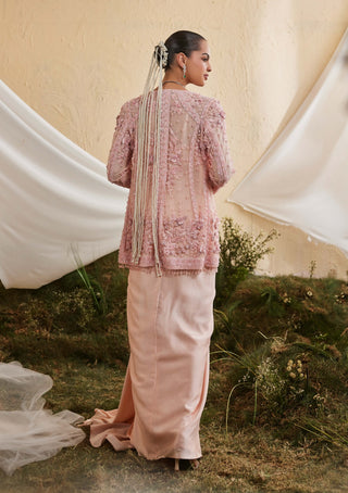 Peach peony jacket and drape skirt set