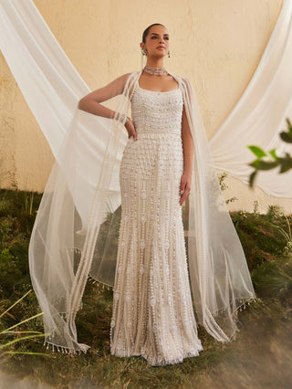 Pearl white embroidered gown and cape dupatta