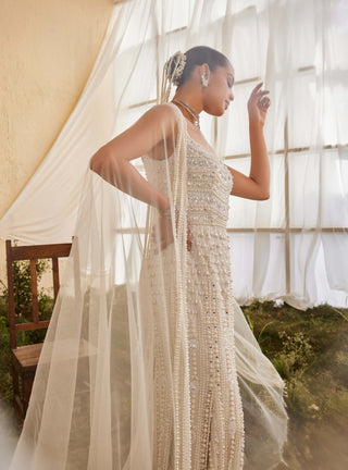 Pearl white embroidered gown and cape dupatta