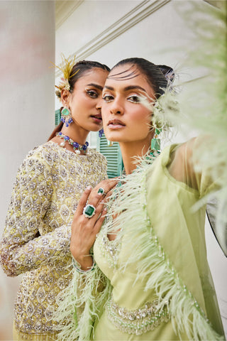 Mani Bhatia-Sylvie Butterfly Green Feather Jacket And Jumpsuit-INDIASPOPUP.COM