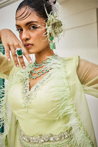 Mani Bhatia-Sylvie Butterfly Green Feather Jacket And Jumpsuit-INDIASPOPUP.COM