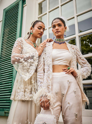 Mani Bhatia-Blanche Lily White Feather Jacket And Pant Set-INDIASPOPUP.COM