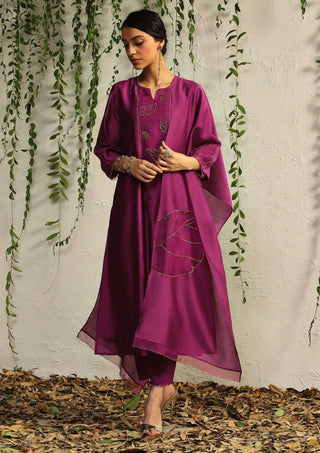Charkhee-Pink Leaf Motif Kurta Set-INDIASPOPUP.COM