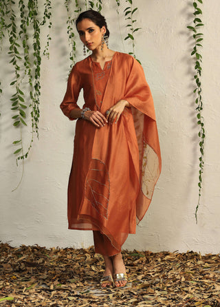 Charkhee-Spice Orange Leaf Motif Kurta Set-INDIASPOPUP.COM