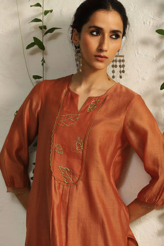 Charkhee-Spice Orange Leaf Motif Kurta Set-INDIASPOPUP.COM