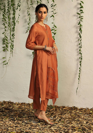 Charkhee-Spice Orange Leaf Motif Kurta Set-INDIASPOPUP.COM