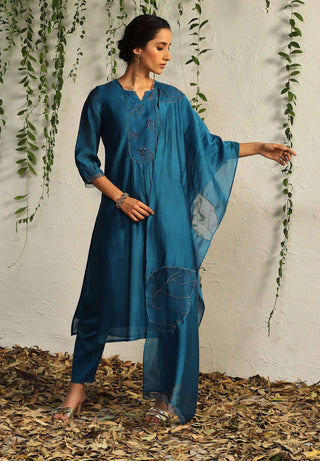Charkhee-Blue Leaf Motif Kurta Set-INDIASPOPUP.COM