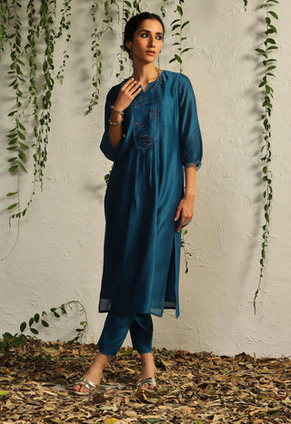 Charkhee-Blue Leaf Motif Kurta Set-INDIASPOPUP.COM