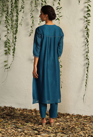 Charkhee-Blue Leaf Motif Kurta Set-INDIASPOPUP.COM