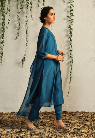 Charkhee-Blue Leaf Motif Kurta Set-INDIASPOPUP.COM