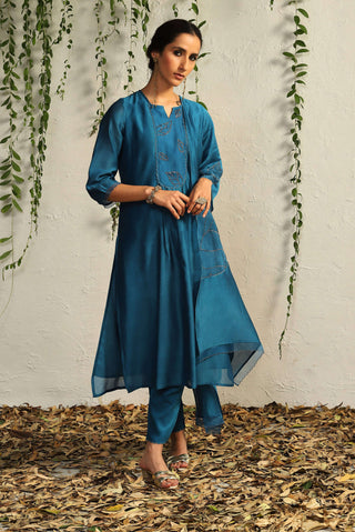 Charkhee-Blue Leaf Motif Kurta Set-INDIASPOPUP.COM