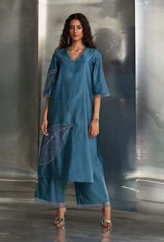 Steel Blue Chanderi Kurta Set by Charkhee, available on Indiaspopup.com
