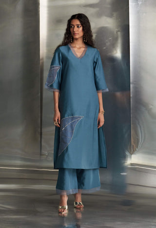 Steel Blue Chanderi Kurta Set by Charkhee, available on Indiaspopup.com
