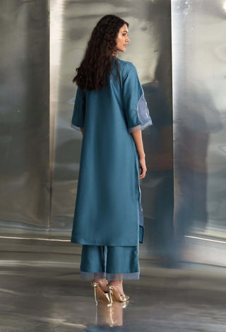 Steel Blue Chanderi Kurta Set by Charkhee, available on Indiaspopup.com