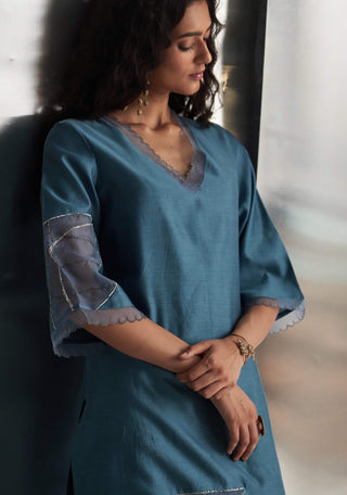Steel Blue Chanderi Kurta Set by Charkhee, available on Indiaspopup.com